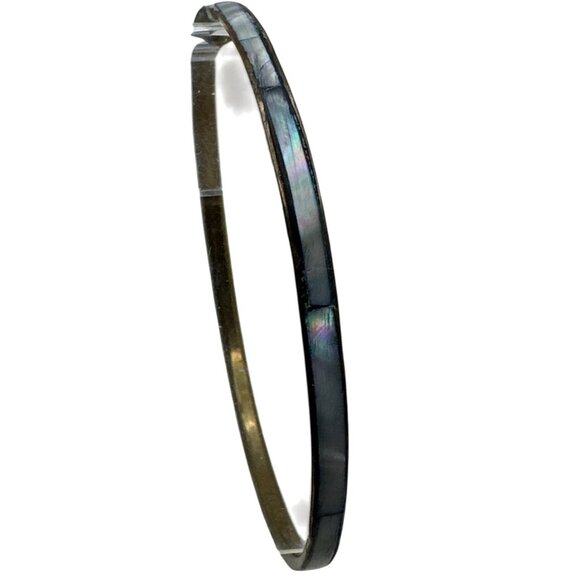 Vintage Boho Chic Mother Of Pearl Inlay Bangle Bracelet Iridescent Minimalist - Picture 1 of 7